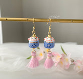 Kitty Cat and Tassel Earrings, Pink Cherry Blossom Tassel Earrings, Kitty Wind Chime Earring dangle